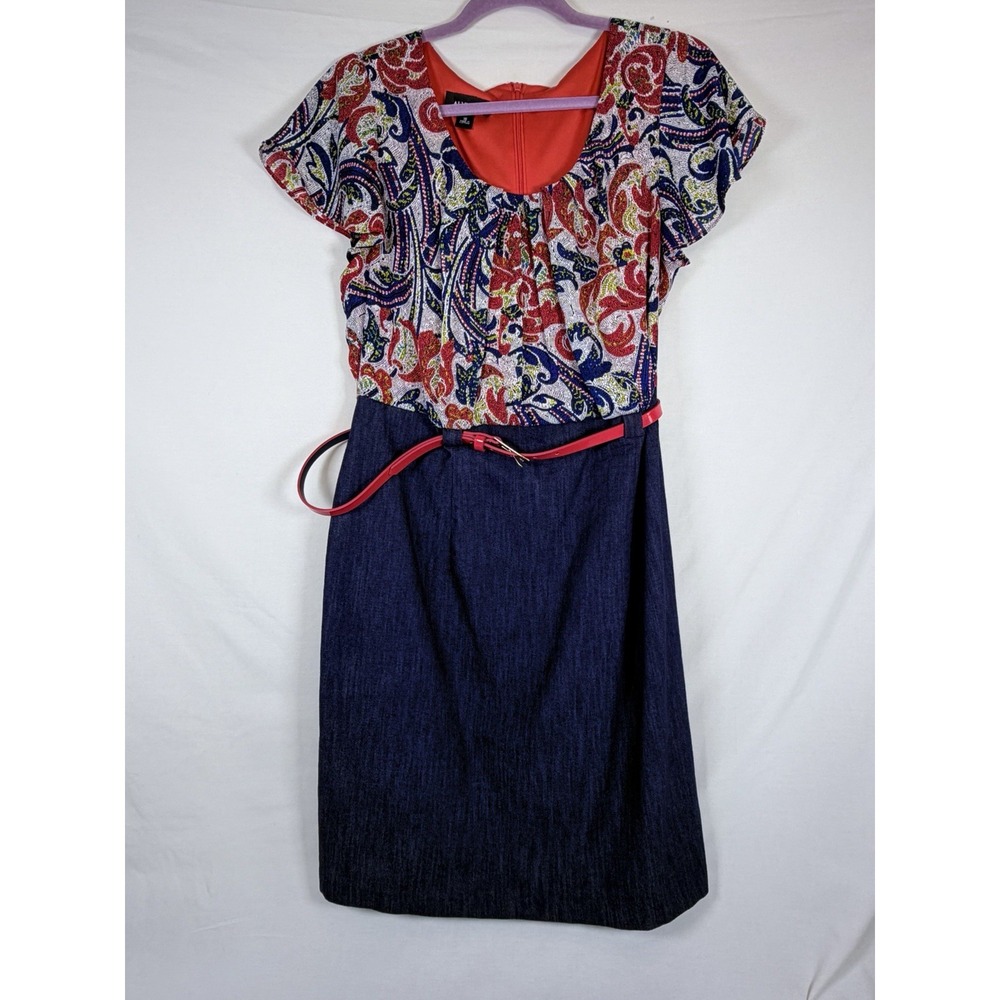 ALYX Dress Womens 16 Paisley Denim A Line Belted Multicolor Knee Length